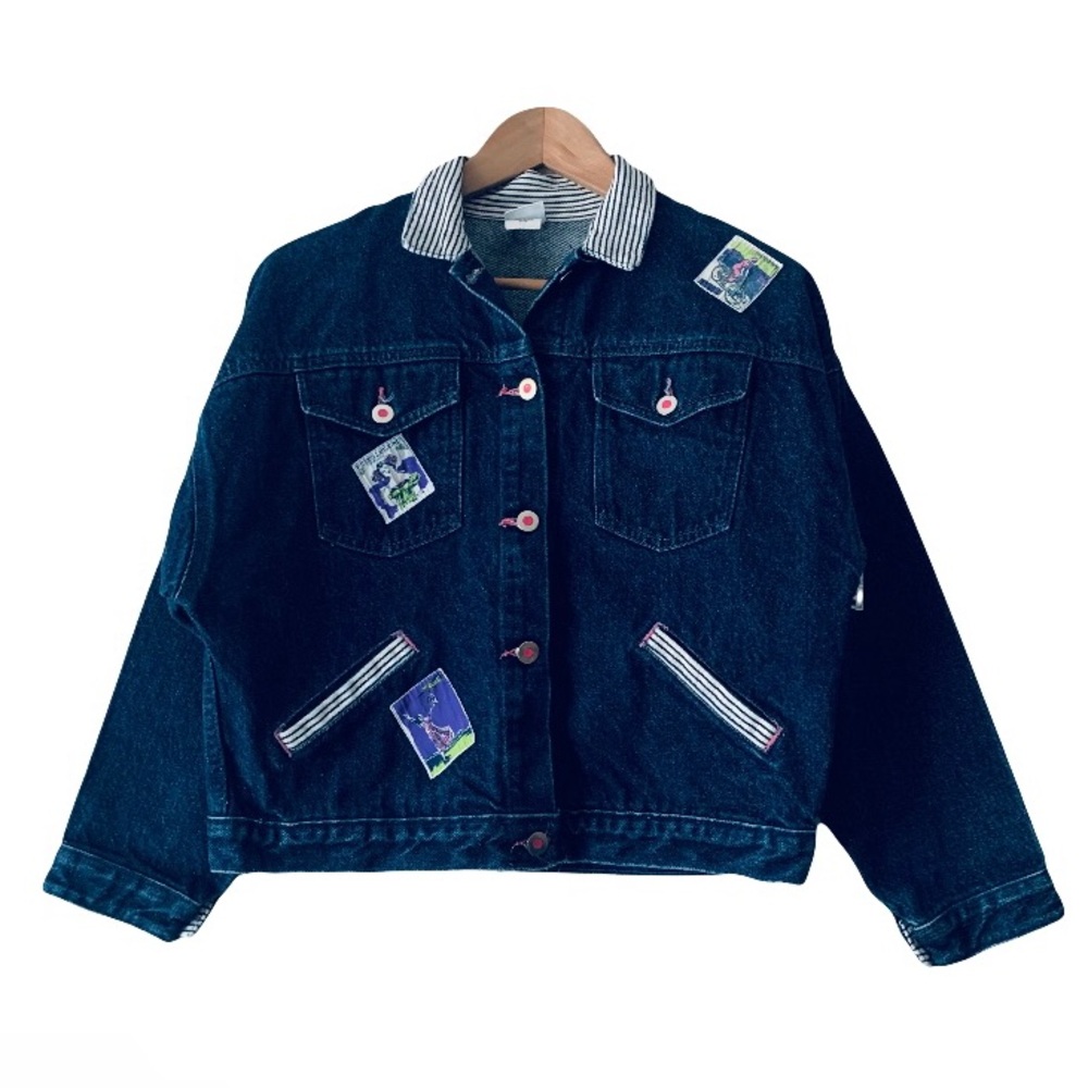 Vintage OshKosh Denim Jacket Stripe Collar Patchwork Size 12 Dark Blue Granola